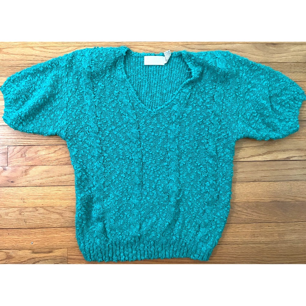 Vintage 1980s Western Connection Short Sleeve Aqua Green Granny Chic Sweater M